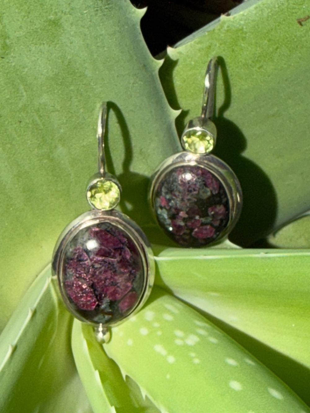 Ruby zoisite, peridot and sterling silver earrings